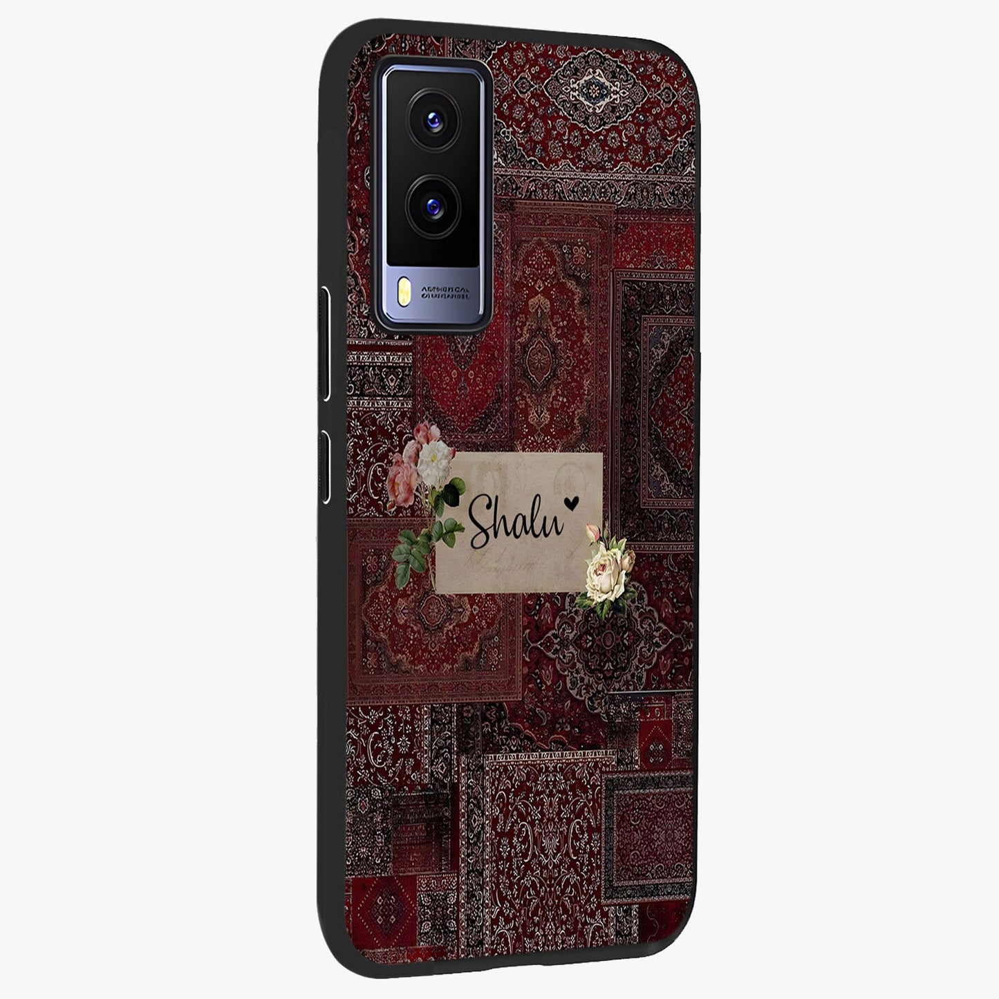 Velvet Wine Pattern Custom Name Glass Case upright view showcasing luxurious wine toned artwork with personalized aesthetic.