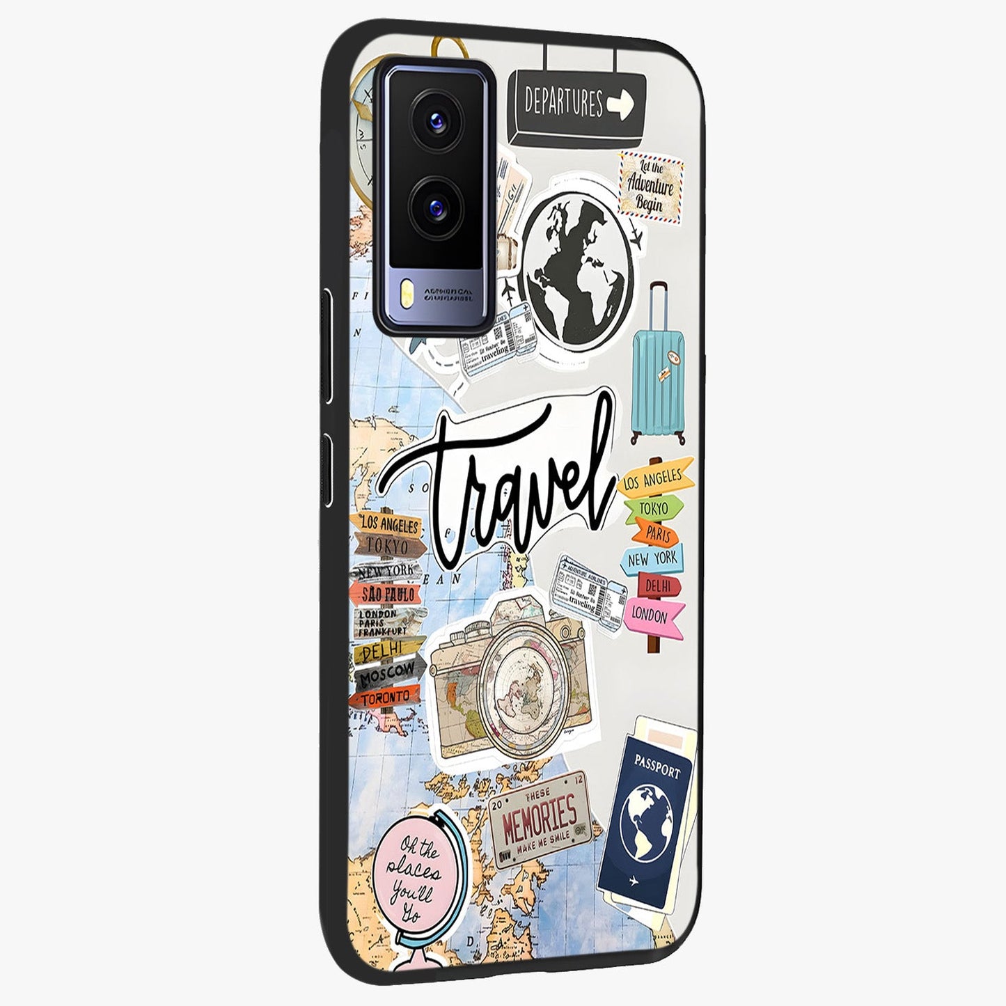 Wanderlust Journal Glass Case upright view showcasing wanderlust inspired artwork with creative exploration theme.