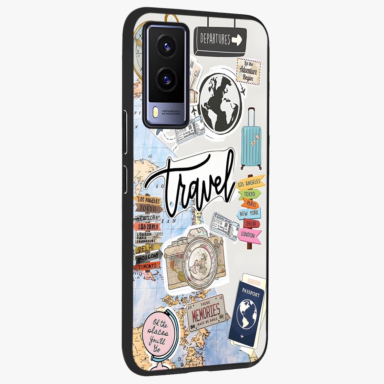 Wanderlust Journal Glass Case upright view showcasing wanderlust inspired artwork with creative exploration theme.