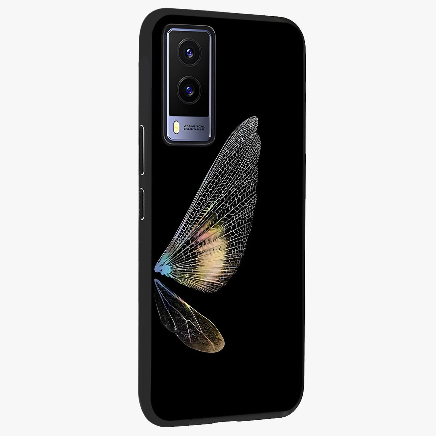 Whispers Of Wings Glass Case upright view showcasing elegant wing artwork with light airy theme.