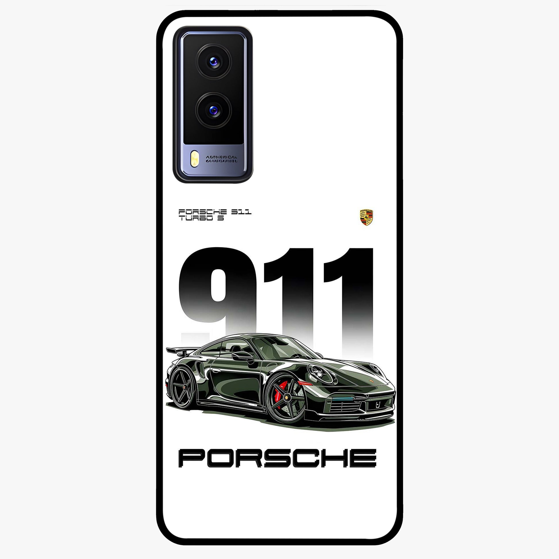 911 Turbo Dominance Glass Case showing clean flat back view with bold 911 sports car artwork and glossy glass finish.