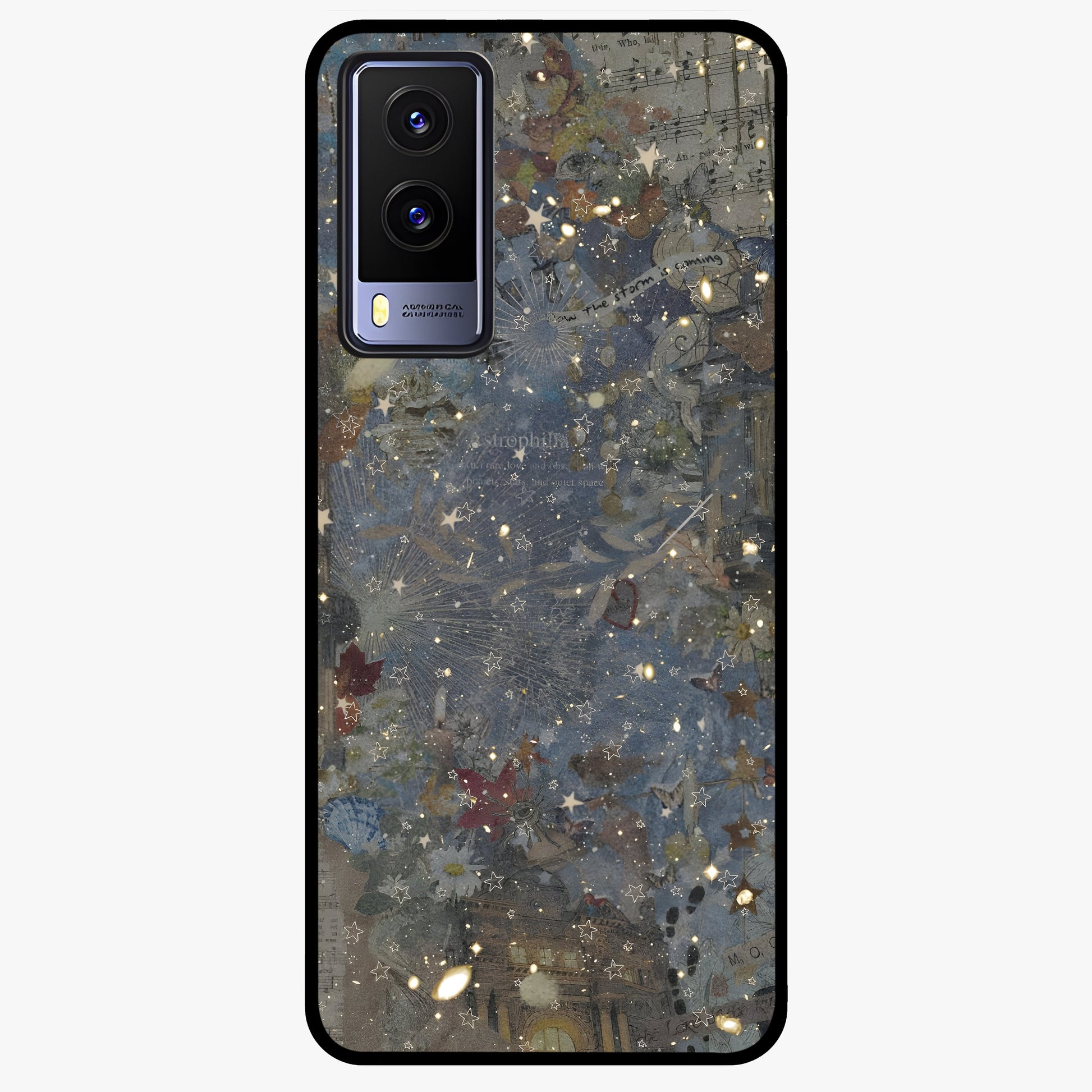 Aesthetic Astrolophia Glass Case showing flat back view with dreamy aesthetic design and glossy glass finish.