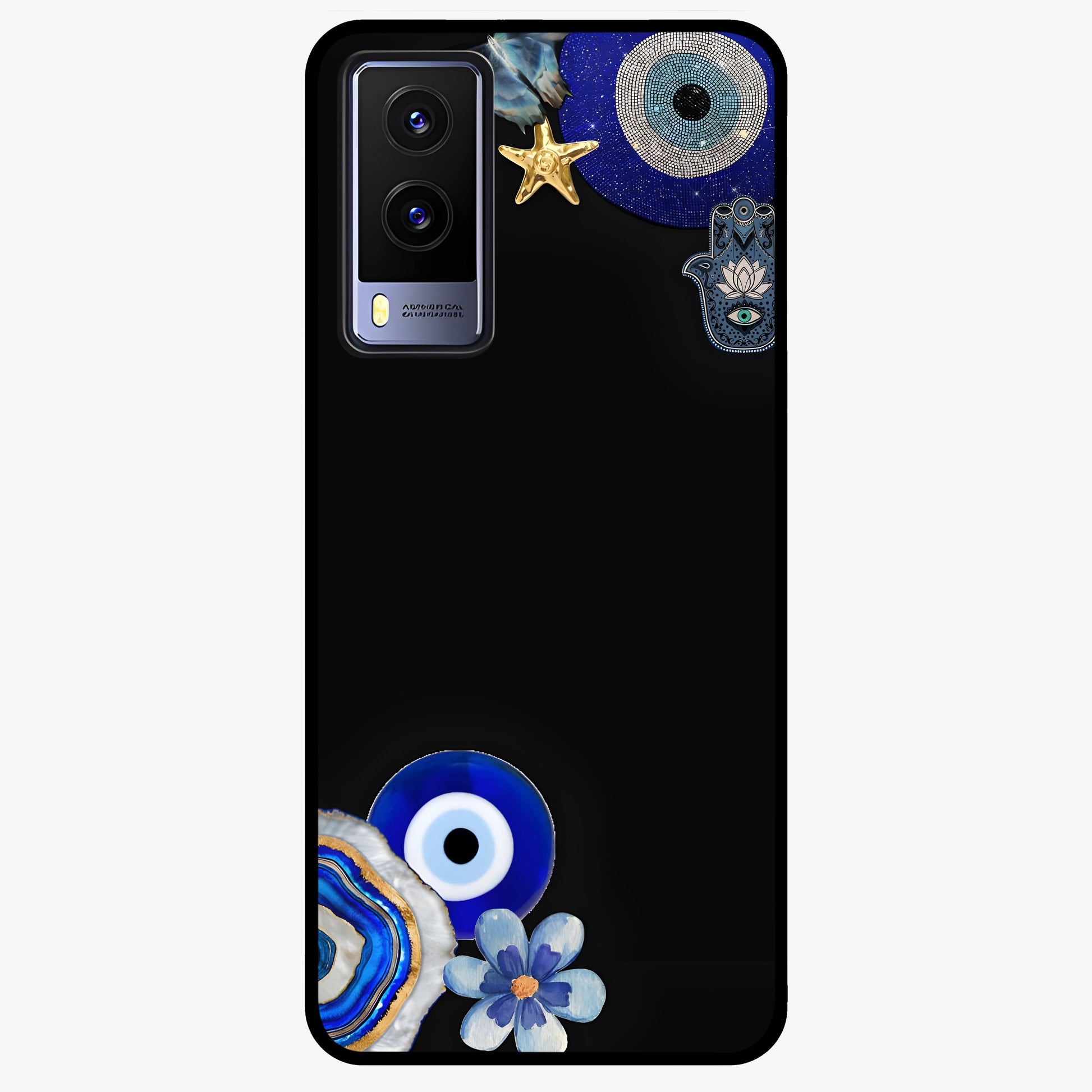 Aesthetic Blue Evil Eye Glass Case showing flat back view with protective evil eye artwork and glossy glass finish.