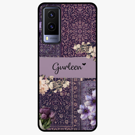 Antique Floral Whisper Custom Name Glass Case showing flat back view with vintage floral artwork and personalized name design.