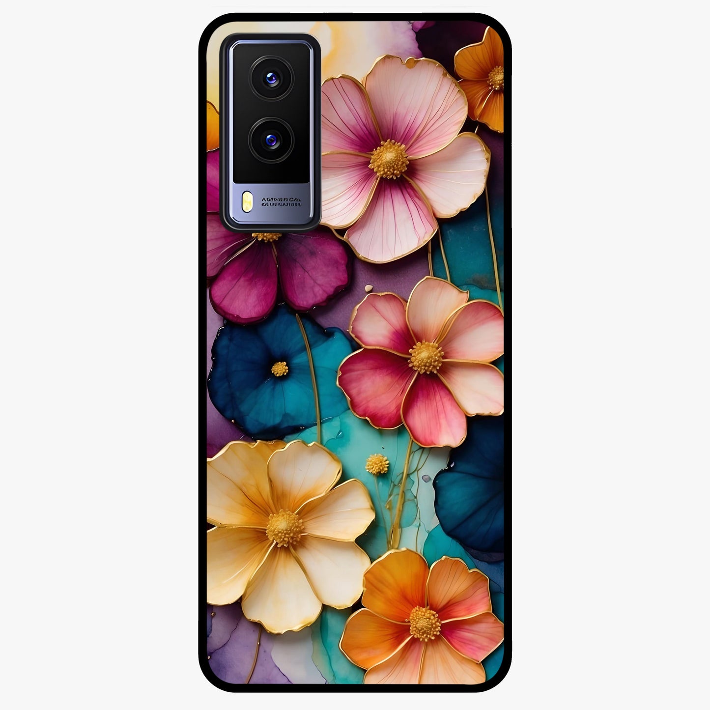 Artlyn Grace Flower Pattern Glass Case showing flat back view with elegant floral pattern artwork and glossy glass finish.