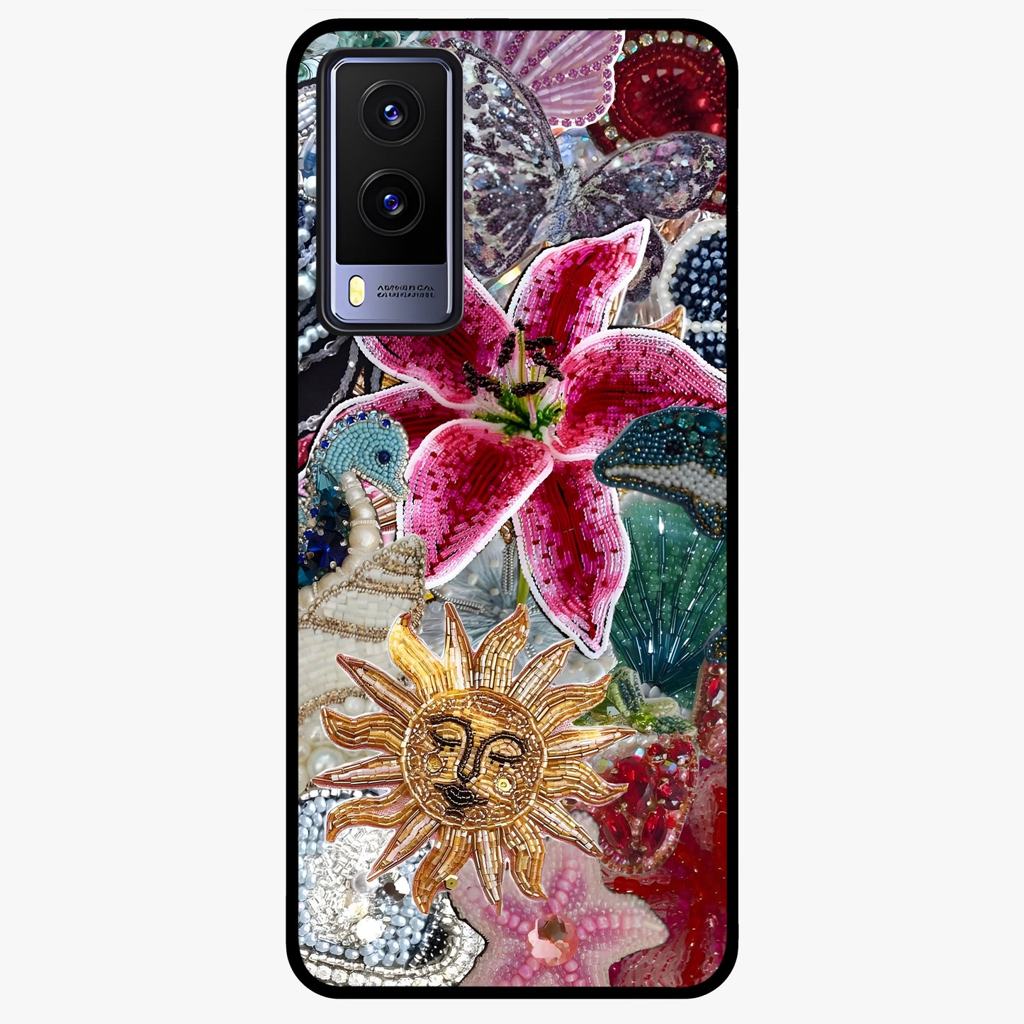 Beaded Garden Fantasy Glass Case showing flat back view with dreamy garden bead artwork and glossy glass finish.