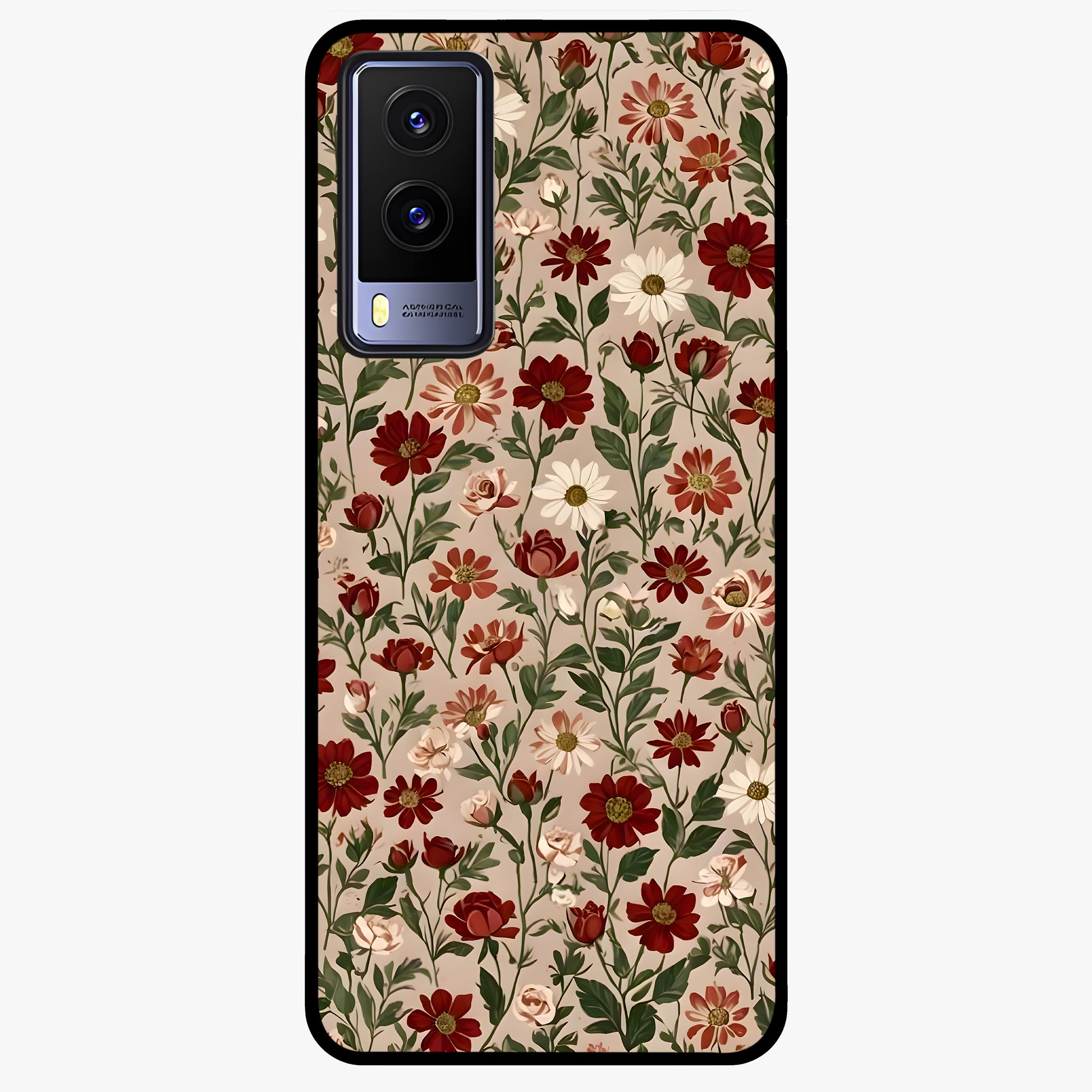 Biege Flower With Leaf Glass Case showing flat back view with soft beige floral artwork and glossy glass finish.