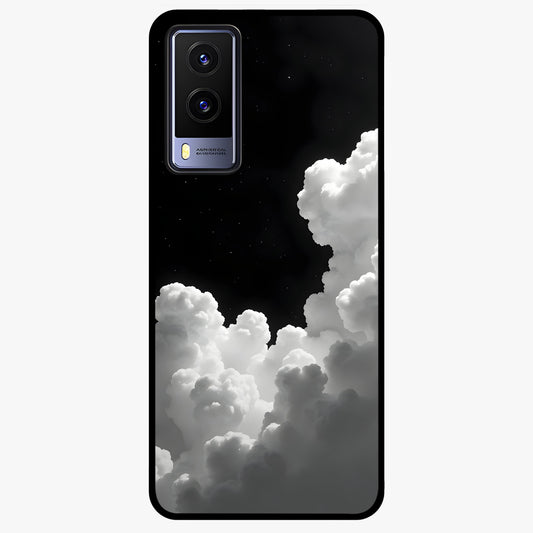 Black Background With White Cloud Glass Case showing flat back view with minimal cloud artwork on dark background and glossy glass finish.