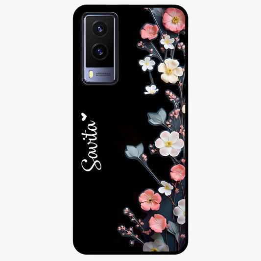 Black Elegance Floral Custom Name Glass Case showing flat back view with elegant floral artwork and personalized name design.