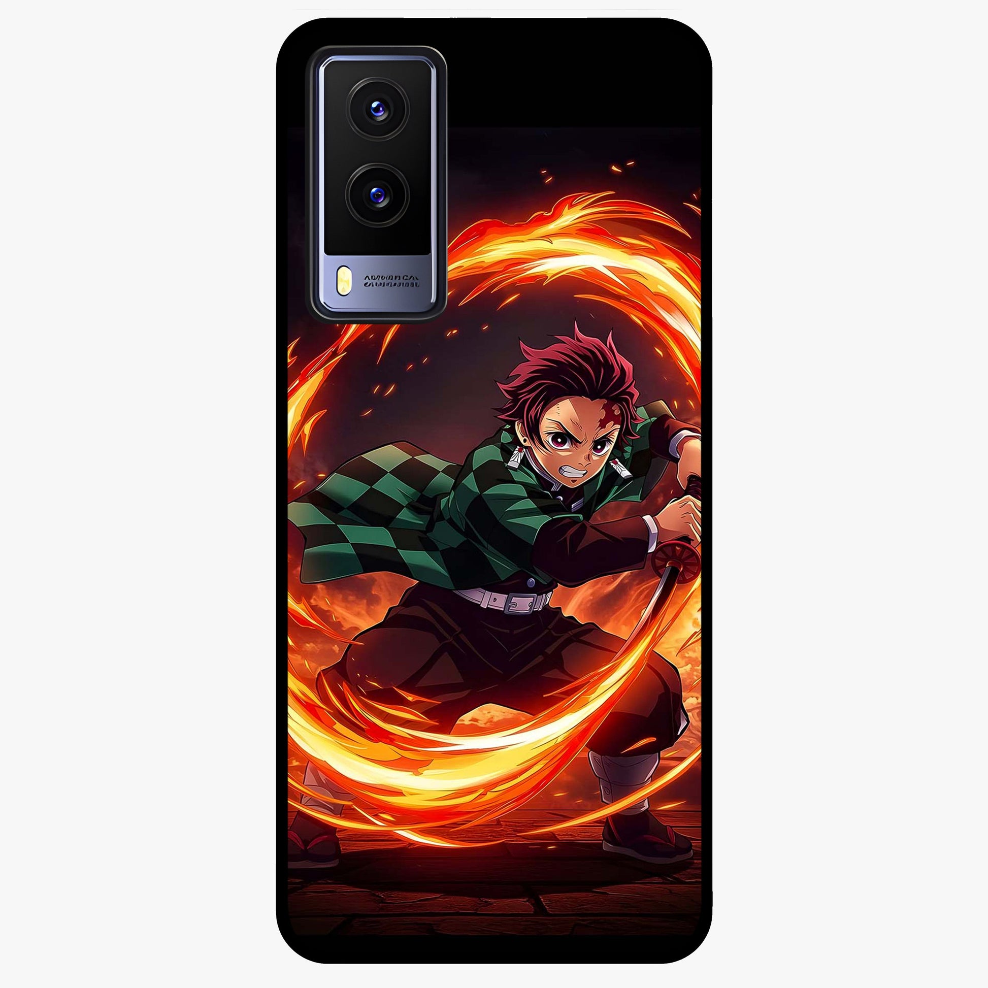 Blazing Sword Resolve Glass Case showing flat back view with fiery sword artwork and glossy glass finish.