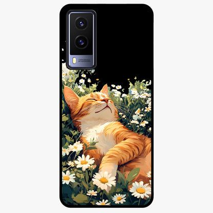 Blissful Bloom Cat Glass Case showing flat back view with cute cat and floral bloom artwork and glossy glass finish.