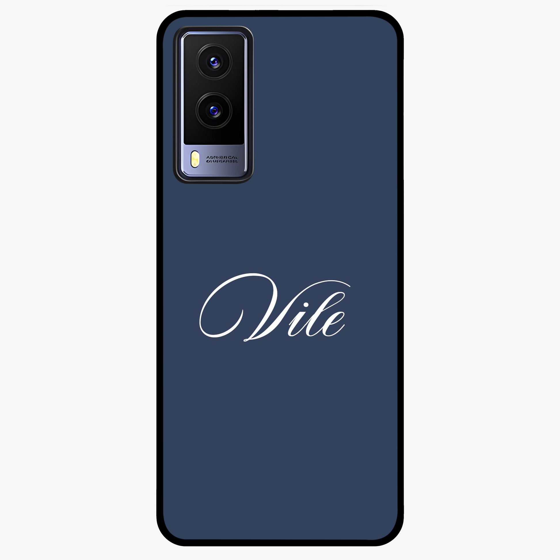 Blue Background Personalized Custom Name Glass Case showing flat back view with minimal blue background and custom name design.