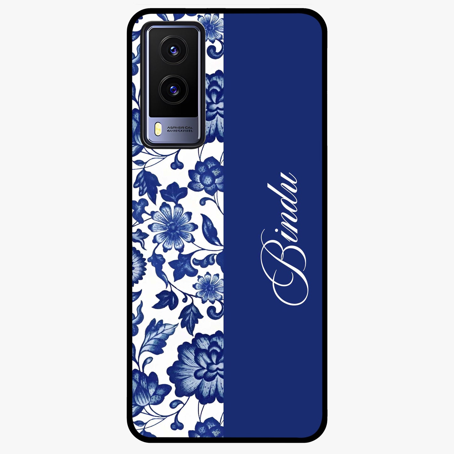 Blue Vintage Floral Pattern Glass Case upright view showcasing timeless floral illustration with vintage inspired style.