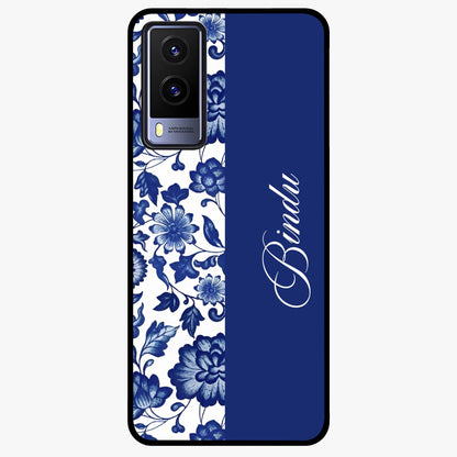 Blue Vintage Floral Pattern Glass Case upright view showcasing timeless floral illustration with vintage inspired style.