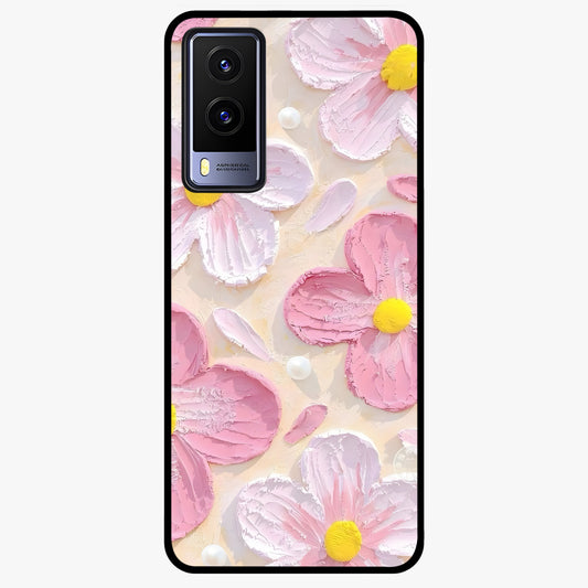 Blush Bloom Texture Glass Case showing flat back view with soft blush floral texture artwork and glossy glass finish.