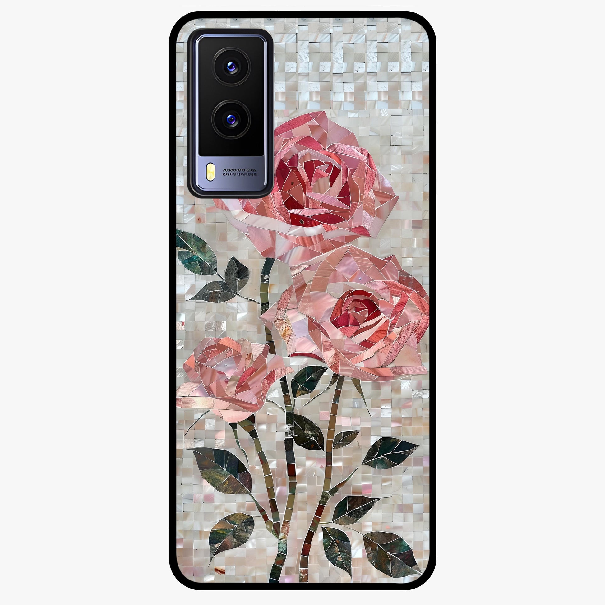 Blush Mosaic Bloom Glass Case showing flat back view with mosaic floral bloom artwork and glossy glass finish.