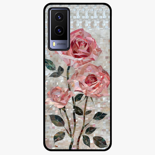 Blush Mosaic Bloom Glass Case showing flat back view with mosaic floral bloom artwork and glossy glass finish.