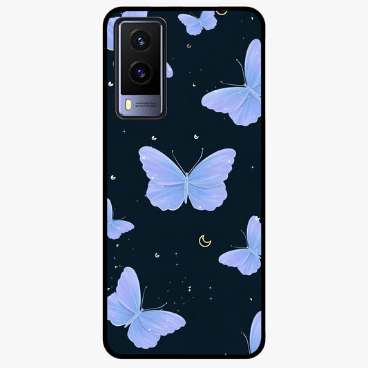 Butterfly With Stars Pattern Glass Case showing flat back view with butterfly and star pattern artwork and glossy glass finish.