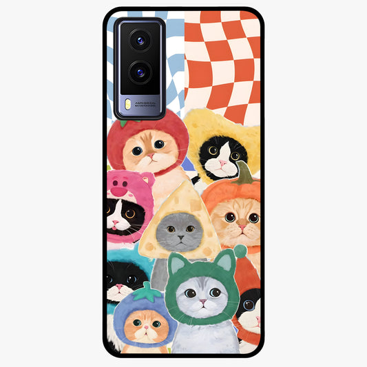 Cats in Fruits Glass Case showing flat back view with playful cat illustrations inside fruit artwork and glossy glass finish.