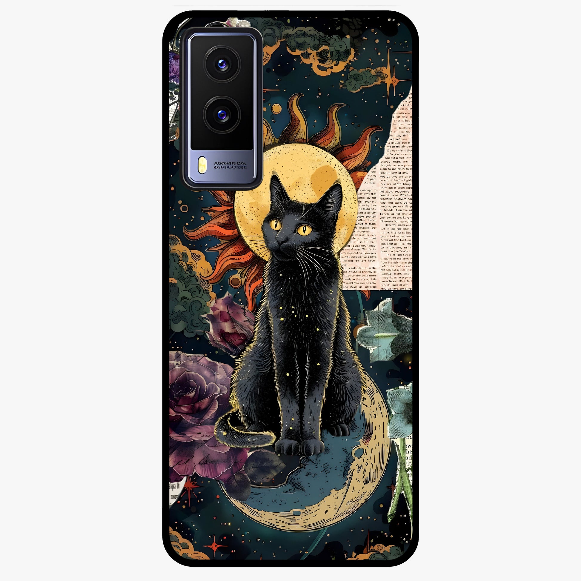 Celestial Black Cat Glass Case showing flat back view with mystical black cat artwork and glossy glass finish.