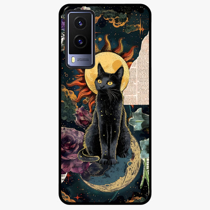 Celestial Black Cat Glass Case showing flat back view with mystical black cat artwork and glossy glass finish.