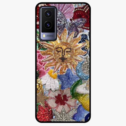 Celestial Floral and Playful Glass Case showing flat back view with floral and celestial themed artwork and glossy glass finish.