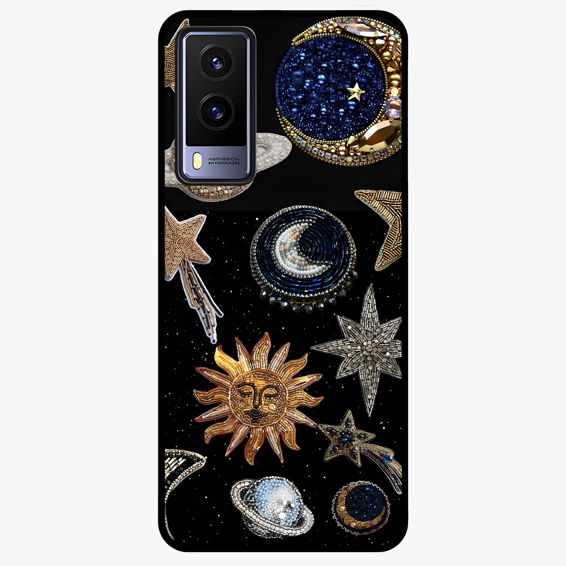 Celestial Gem Constellations Glass Case showing flat back view with sparkling constellation artwork and glossy glass finish.