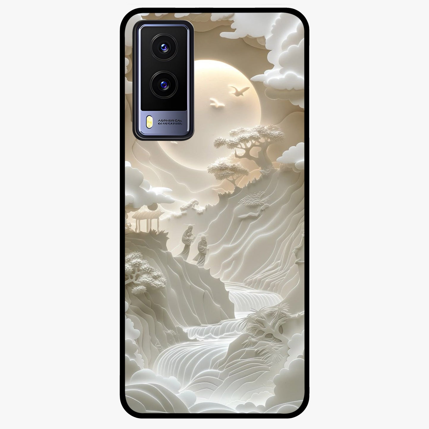 Celestial Origami Glass Case showing flat back view with artistic origami inspired celestial artwork and glossy glass finish.