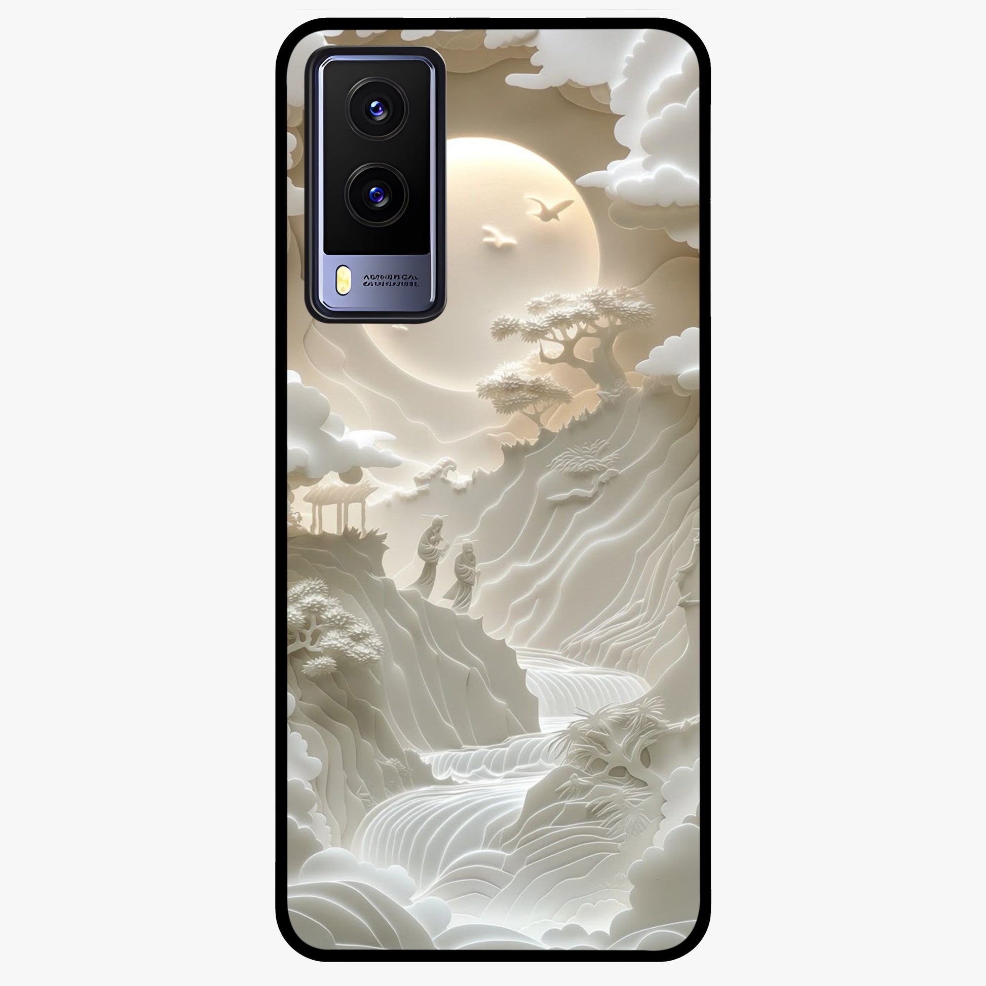Celestial Origami Glass Case showing flat back view with artistic origami inspired celestial artwork and glossy glass finish.