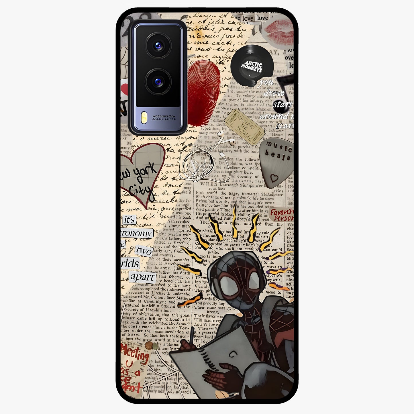 City Dream Sketch Glass Case showing flat back view with artistic city skyline sketch artwork and glossy glass finish.
