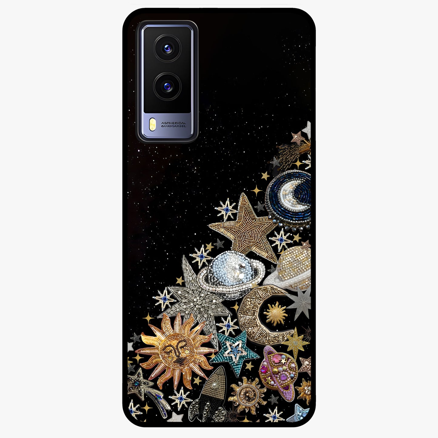 Cosmic Sparkle Dreams Glass Case showing flat back view with sparkling cosmic artwork and glossy glass finish.