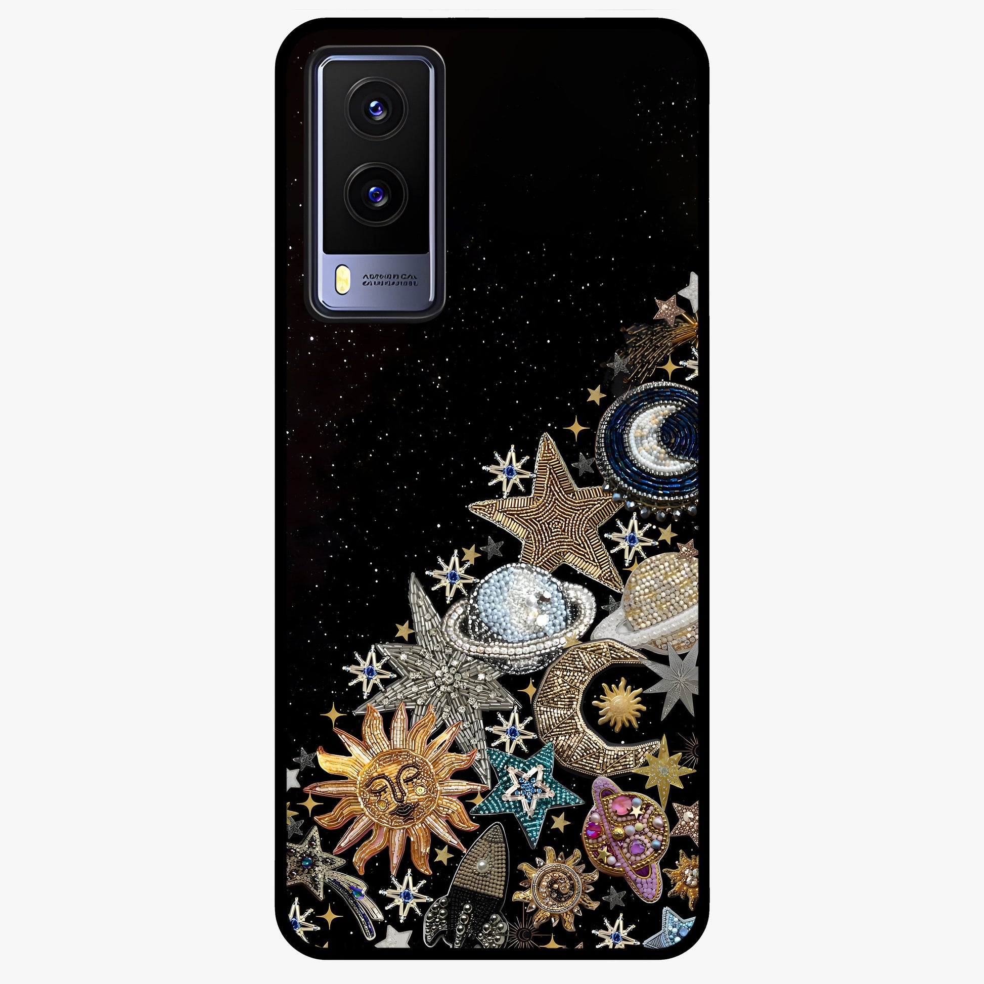 Cosmic Sparkle Dreams Glass Case showing flat back view with sparkling cosmic artwork and glossy glass finish.