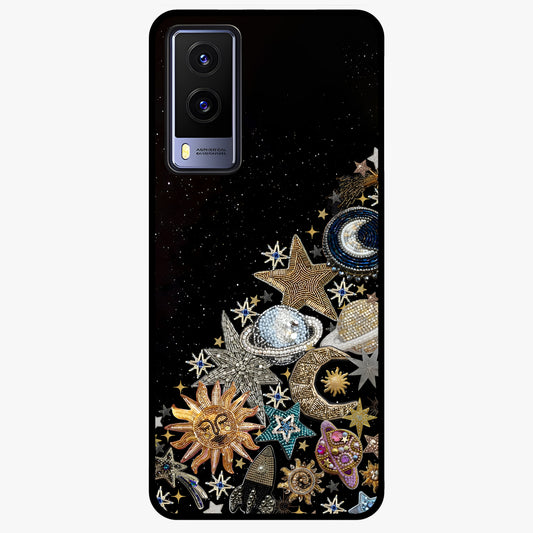 Cosmic Sparkle Dreams Glass Case showing flat back view with sparkling cosmic artwork and glossy glass finish.