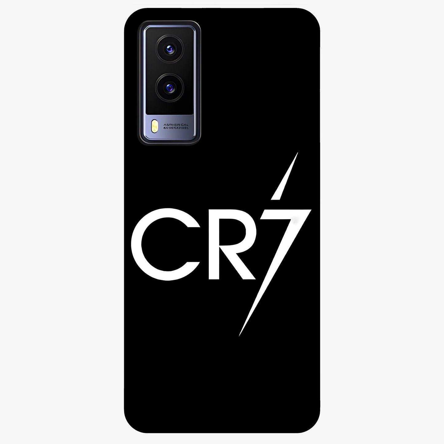 Cr7 Elite Strike Glass Case showing flat back view with dynamic football inspired artwork and glossy glass finish.