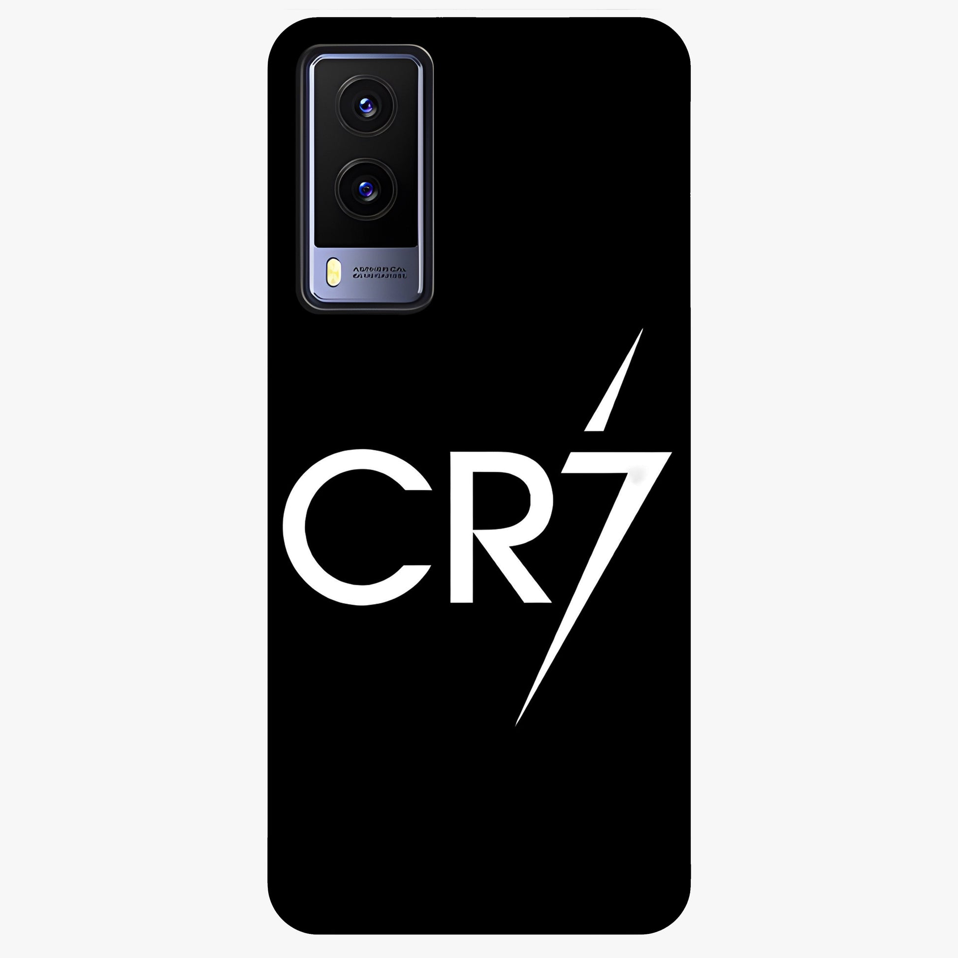 Cr7 Elite Strike Glass Case showing flat back view with dynamic football inspired artwork and glossy glass finish.