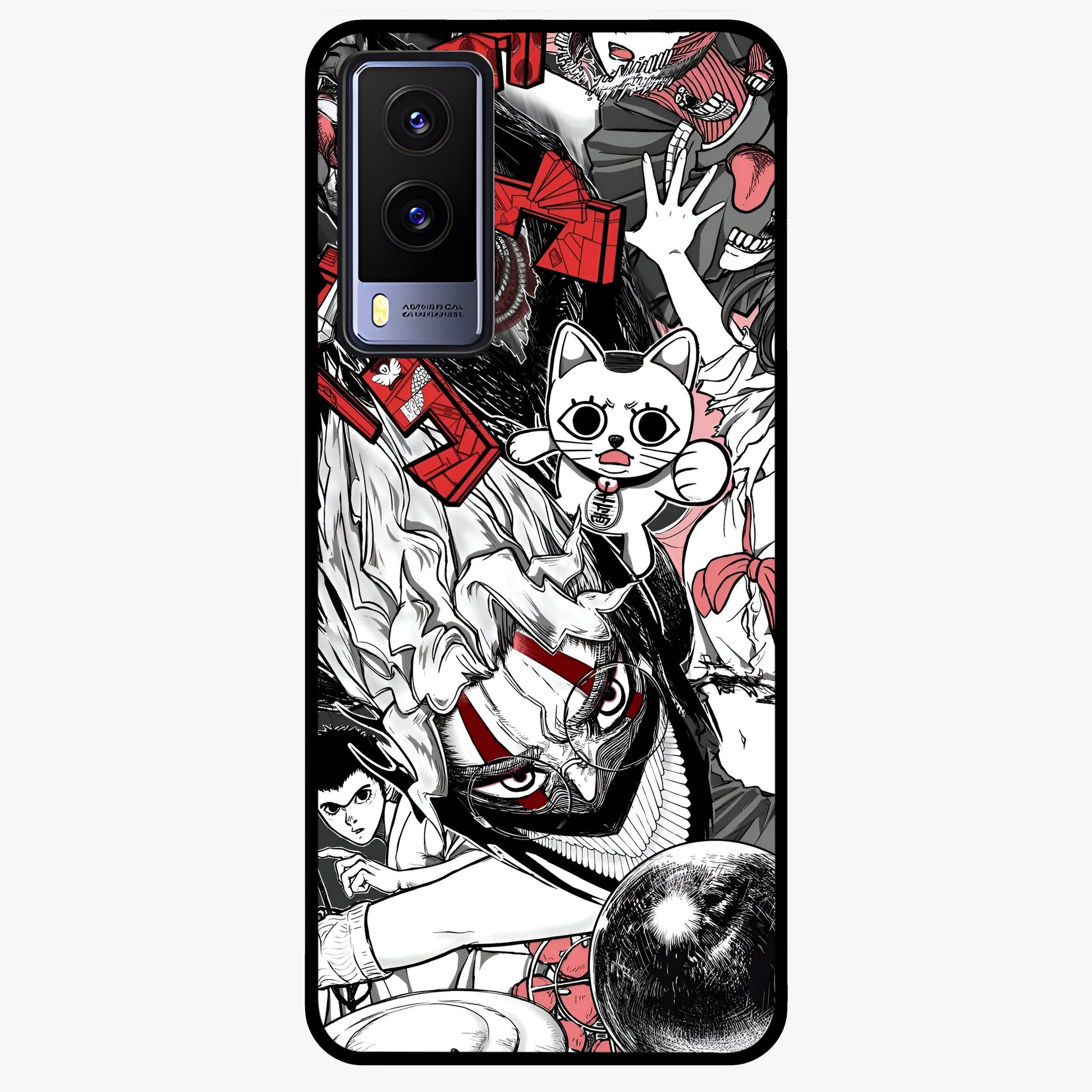Crimson Chaos Panel Glass Case showing flat back view with bold crimson abstract artwork and glossy glass finish.