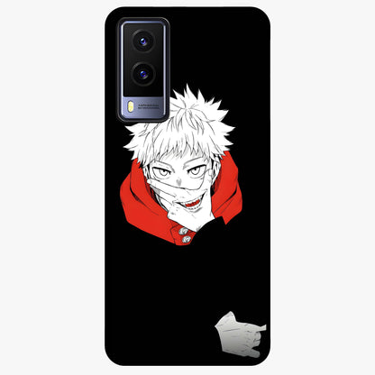 Crimson Chaos Smile Glass Case showing flat back view with bold chaotic smile artwork and glossy glass finish.