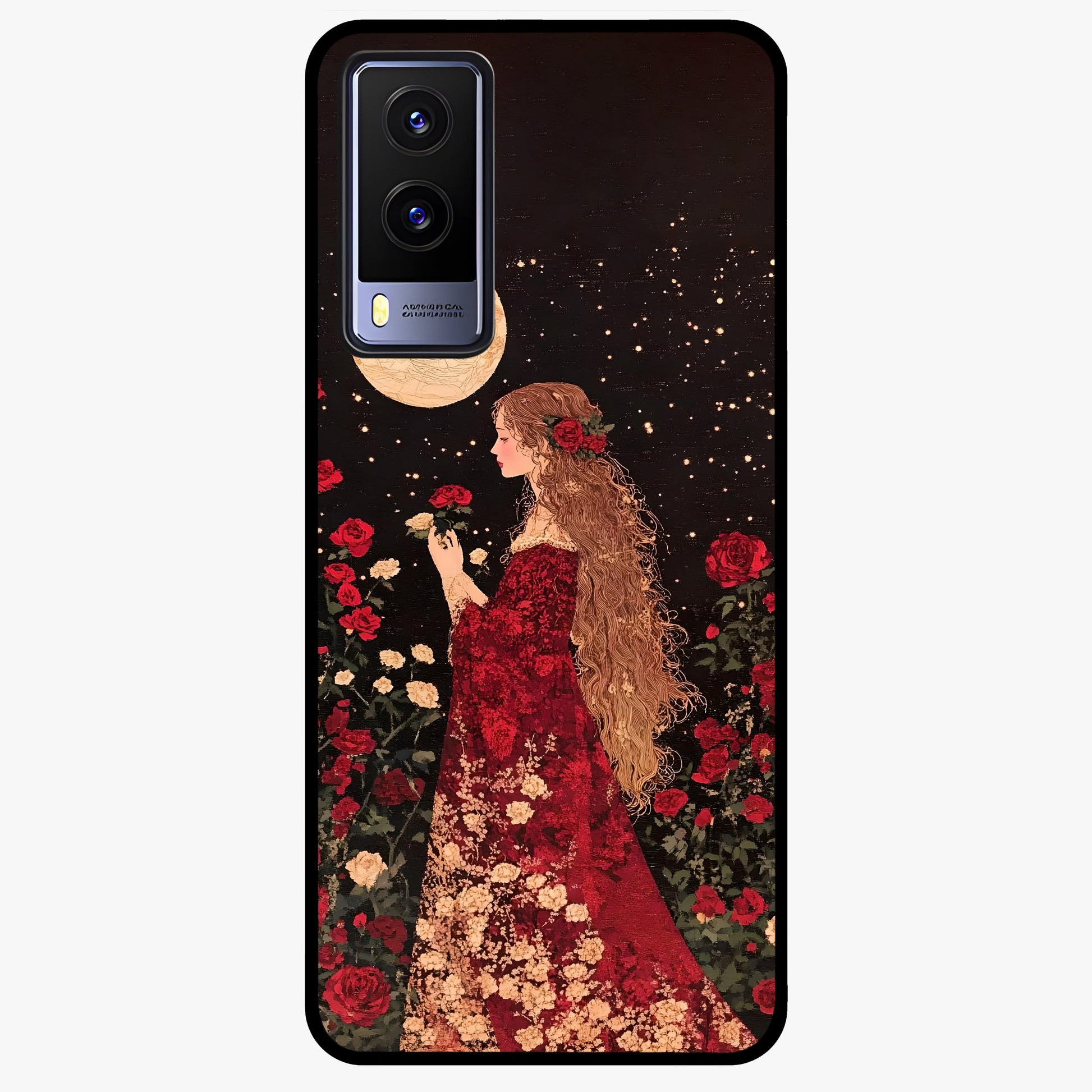 Crimson Dreams Glass Case showing flat back view with dreamy crimson artwork and glossy glass finish.