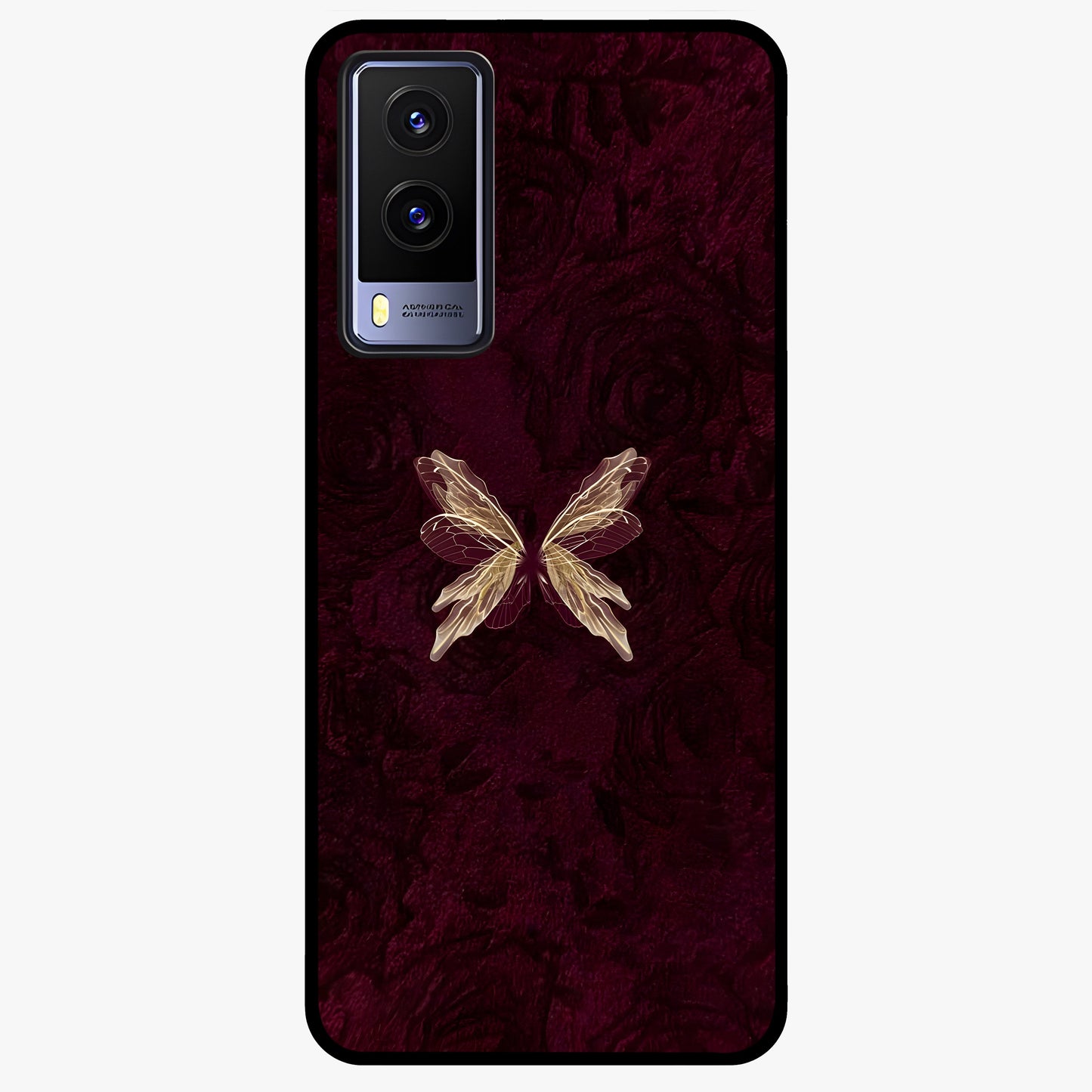 Crimson Fade Butterfly Glass Case showing flat back view with fading butterfly artwork and glossy glass finish.