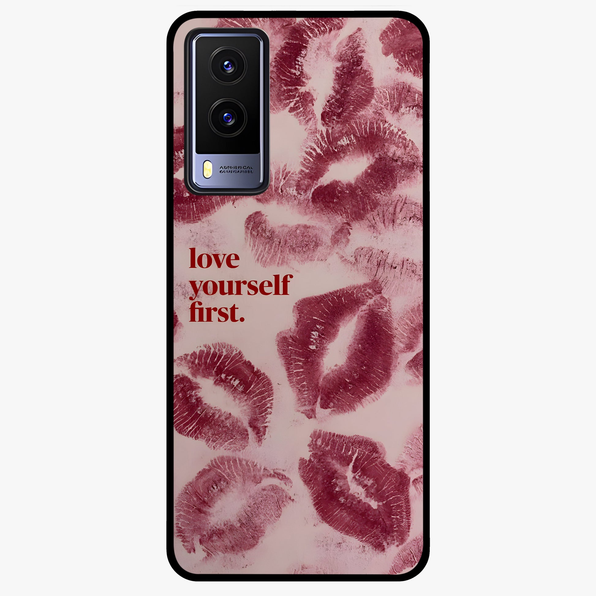 Crimson Kiss Love Glass Case showing flat back view with romantic crimson themed artwork and glossy glass finish.