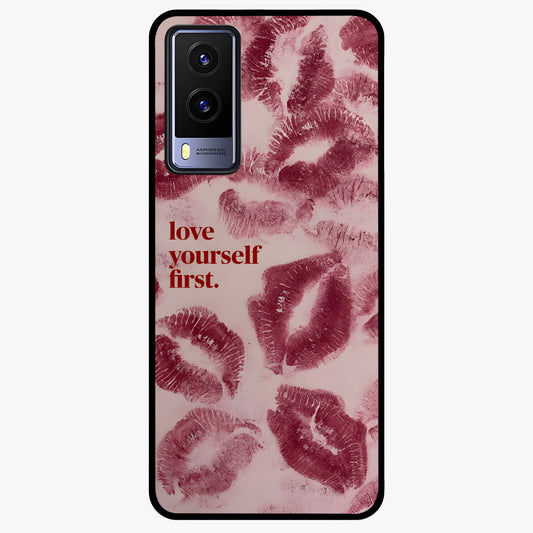 Crimson Kiss Love Glass Case showing flat back view with romantic crimson themed artwork and glossy glass finish.