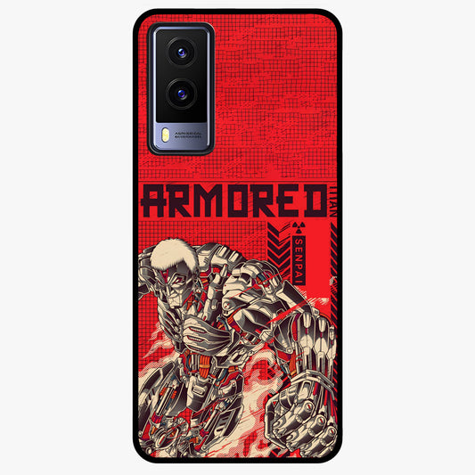 Crimson Mecha Titan Glass Case showing flat back view with powerful mech titan artwork and glossy glass finish.