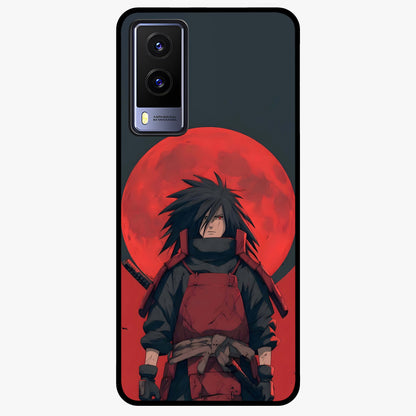 Crimson Moon Warlord Glass Case showing flat back view with mystical moon warrior artwork and glossy glass finish.