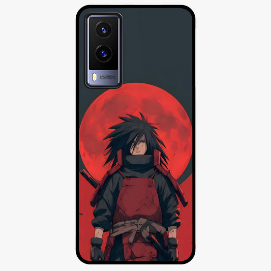 Crimson Moon Warlord Glass Case showing flat back view with mystical moon warrior artwork and glossy glass finish.