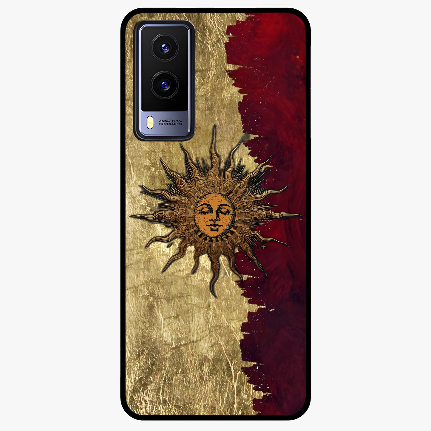 Crimson Sun Majesty Glass Case showing flat back view with radiant sun inspired artwork and glossy glass finish.