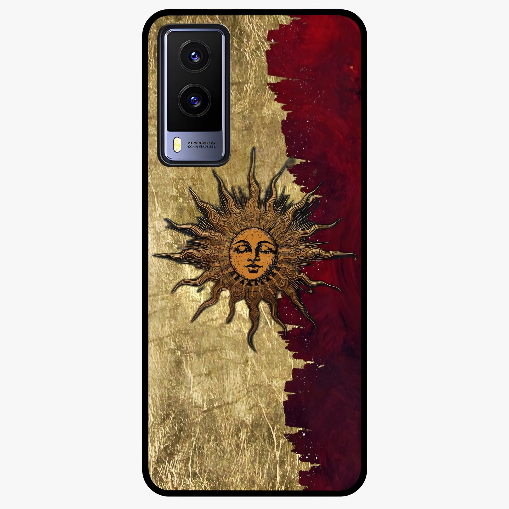 Crimson Sun Majesty Glass Case showing flat back view with radiant sun inspired artwork and glossy glass finish.