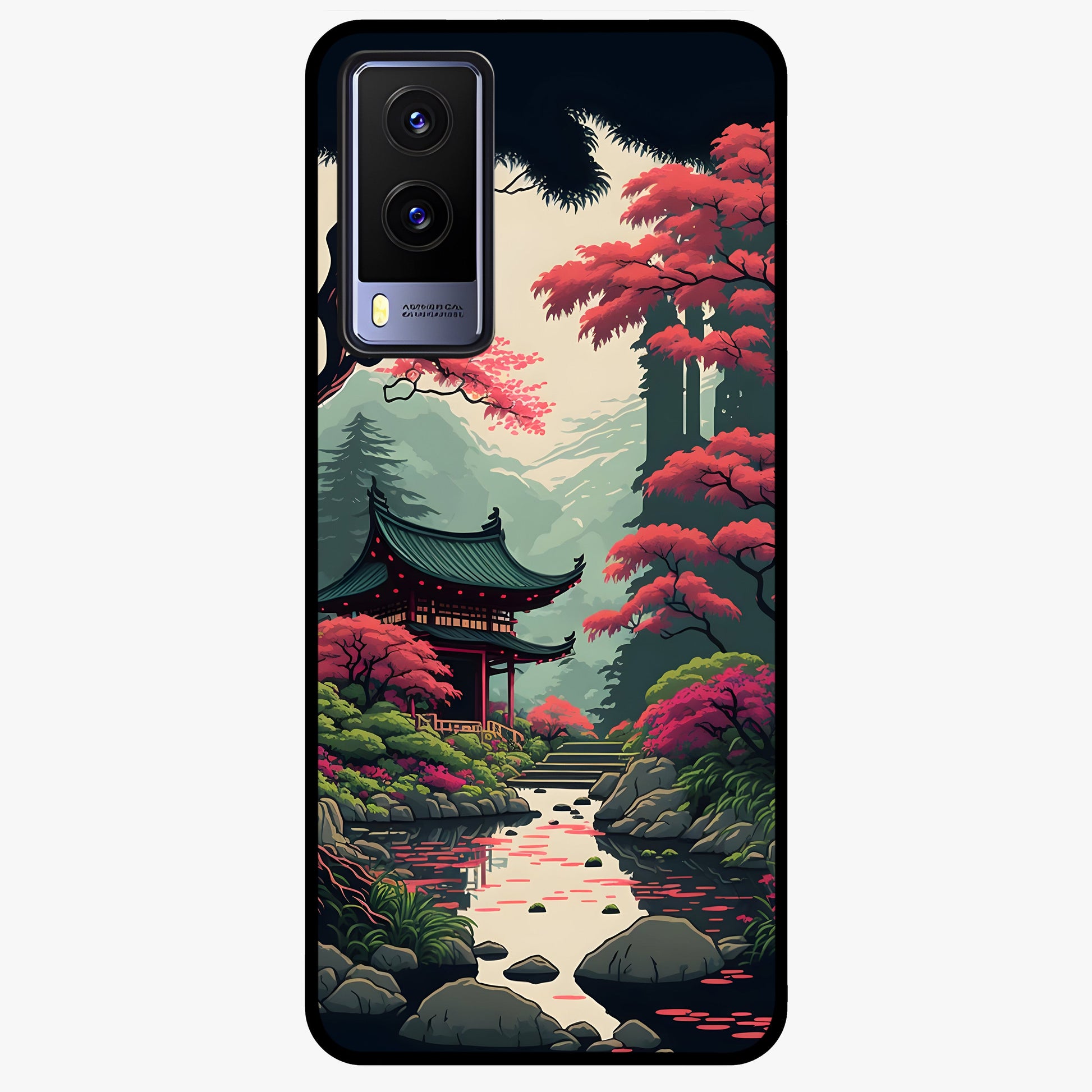 Crimson Temple View Glass Case showing flat back view with temple inspired artwork and glossy glass finish.