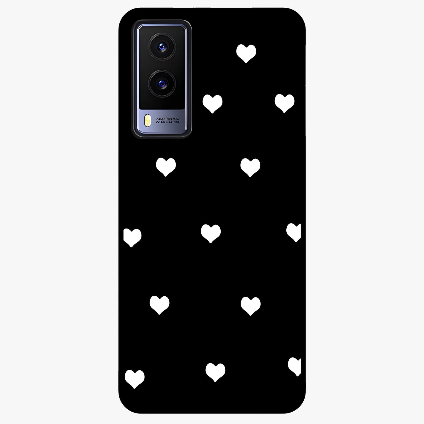 Cute And Simple White Hearts Glass Case showing flat back view with minimal white heart pattern and glossy glass finish.