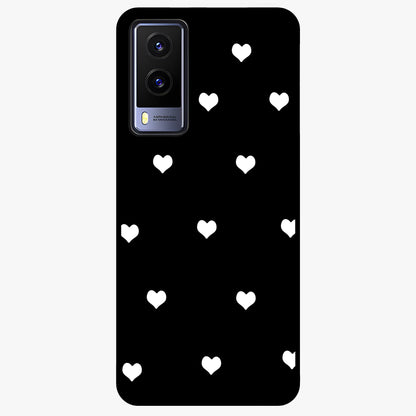 Cute And Simple White Hearts Glass Case showing flat back view with minimal white heart pattern and glossy glass finish.