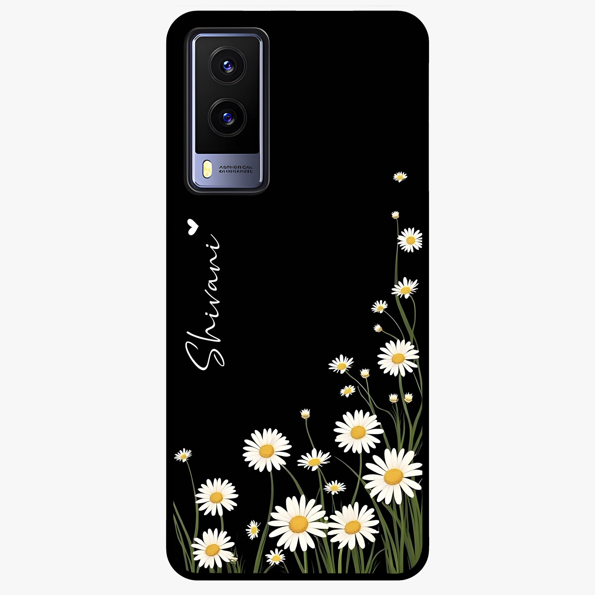 Daisy Cascade Custom Name Glass Case showing flat back view with cascading daisy flowers and personalized name design.